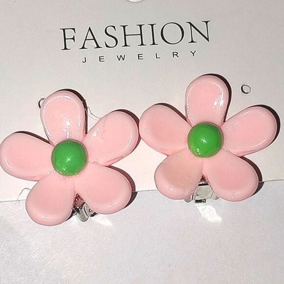 Beautiful girls pink floral clip-on earrings for kids - Picture 3 of 4